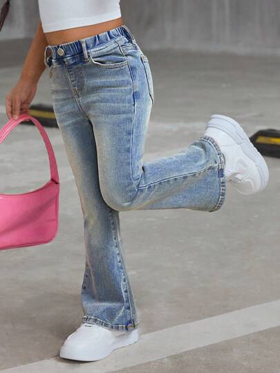 SHEIN 年轻女孩 Y2K 复古蓝色牛仔弹力喇叭牛仔裤，女孩秋冬，可爱喇叭裤牛仔裤