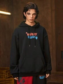 ROMWE MEN Harley Quinn | ROMWE Men's Minimalist Print Hooded Sweatshirt And Pants Set - Black - View 5