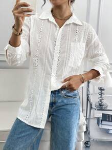 SHEIN Essnce Blusa de manga larga con calado blanco para mujer, blusa formal de oficina con cuello cisne de malla sexy