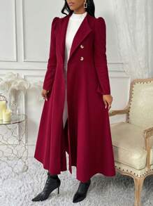 Lyxana Damski zimowy płaszcz z bufiastymi rękawami i guzikami, długi elegancki wełniany - Burgund - Zobacz 3