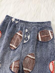 SHEIN 2pcs Tween Boy Cartoon Football Pattern Glow-In-The-Dark Ribbed Collar Long Sleeve Pajama Set, Autumn/Winter - Navy Blue - View 5