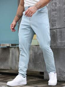 Manfinity Homme Men's Plus Size Casual Washed Ripped Tapered Jeans, Plain Light Jeans Slim Fit Long Baby Blue Washed Cargo Jeans, For Husband, Boyfriend Gifts - Blue - View 1
