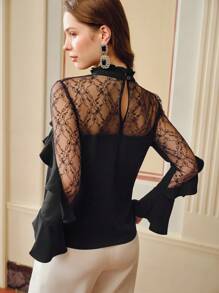 ZEYLAH FRILL MOCK NECK LACE YOKE RUFFLE TRIM BLOUSE - Black - View 5