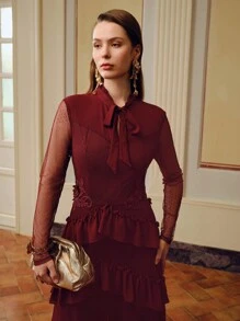 ZEYLAH DOBBY MESH TIE NECK LAYERED RUFFLE TRIM Dress