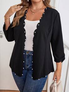 SHEIN Clasi 大码女式夹克，带刺绣衣领和褶皱珍珠袖口，适合教师，秋冬季 - 黑色 - 查看 7