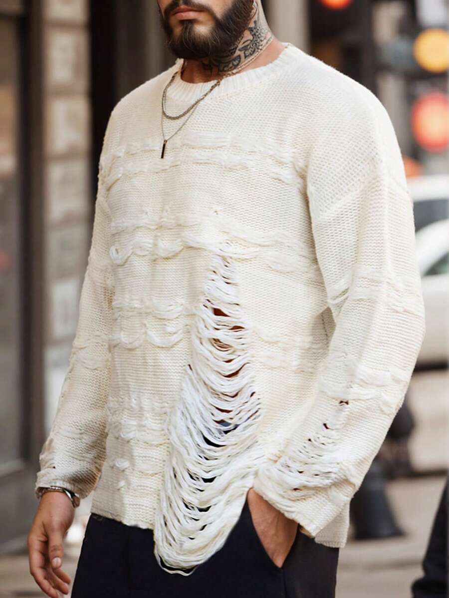 Manfinity Homme 男式纯色做旧圆领长袖毛衣 - 卡其色 - 查看 1