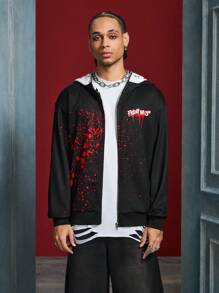 WB Horror X SHEIN Sudadera con capucha casual suelta para hombres con estampado de salpicaduras y máscara tipo Jason