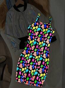 2 件套 Tween Girl 印花拉链夹克风衣和 A 字裙套装 - 彩色 - 查看 1