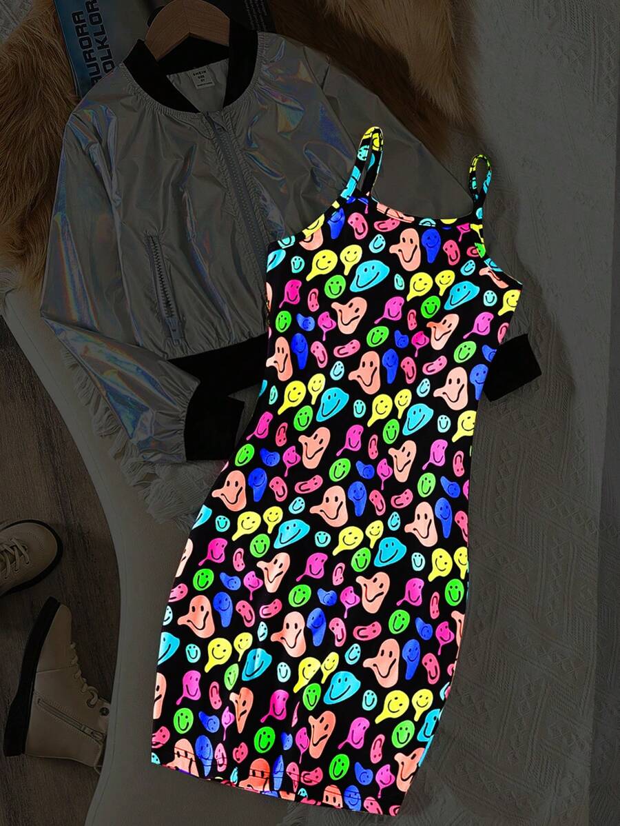 2 件套 Tween Girl 印花拉链夹克风衣和 A 字裙套装 - 彩色 - 查看 1