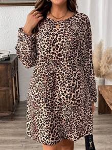 SHEIN LUNE Plus Size Round Neck Leopard Print Long Sleeve Casual Dress - Multicolor - View 5