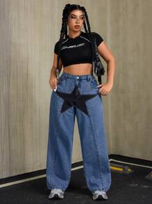 SHEIN ICON Plus Size Women Pocket Pentagram Graphic Wide-Leg Loose Casual Denim Jeans