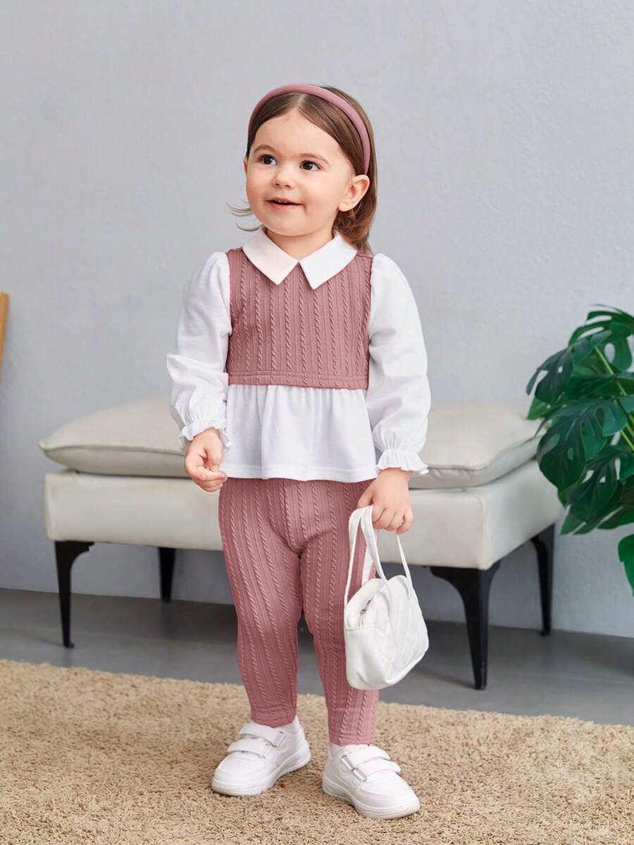 SHEIN 2pcs Baby Girl Casual Cute Knitted False 2-Piece Colorblock Collar Long Sleeve Top And Elastic Waist Pants Set - Multicolor - View 1
