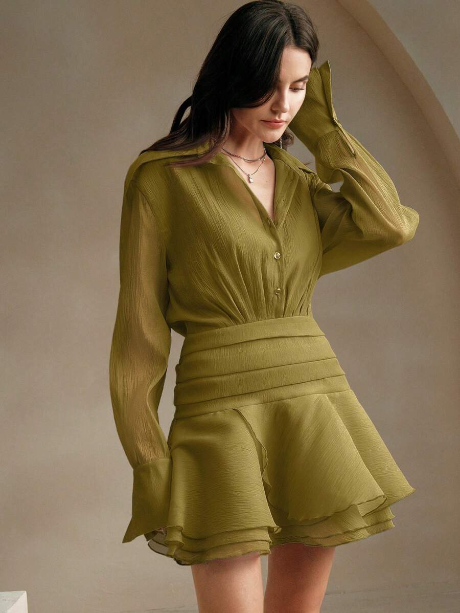 Anewsta 荷叶边饰休闲罩衫连衣裙，配低腰欧根纱女装 - 綠色 - 查看 1