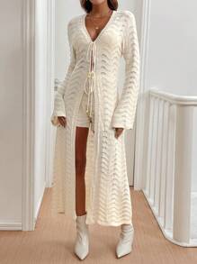 Chiquease Women's Spring/Autumn Long Sleeve Lace-Up Maxi Cardigan With Wave Pattern - Apricot - View 5