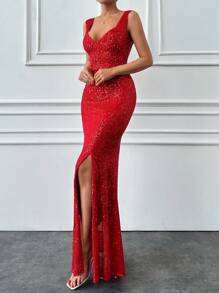 EURMUSE Vestido largo ajustado con lentejuelas brillantes para fiesta de graduación - Rojo - Ver 1