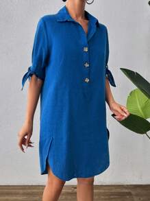 RueChic Roll Up Sleeve Coconut Button Front Shirt Dress - Navy Blue - View 5