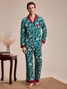SHEIN EverLounge Ensemble de pyjama avec chemise à manches longues et pantalon, col à revers, imprimé floral, à simple boutonnage, pour homme