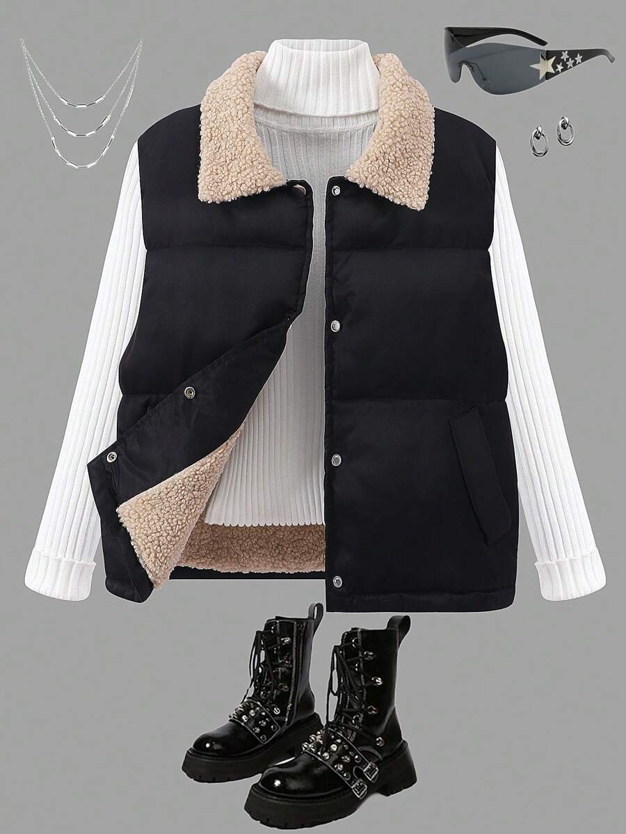 SHEIN Áo vest ấm áp một hàng khuy cổ bẻ màu cho bé gái tuổi teen, mùa thu đông - màu đen - Xem 1