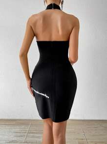 Zolique Women's Elegant Crystal Decor Halter Neck Bodycon Mini Bandage Dress,Black,Summer,70's,Club,Party,Homecoming Short Black Dresses - Black - View 2