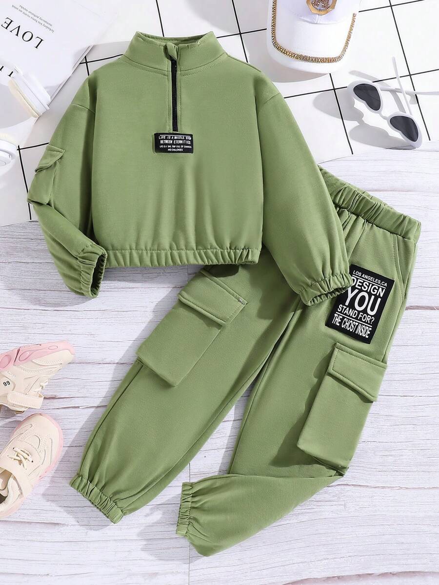 SHEIN Bộ 2 món/Bộ đồ thể thao bó sát thời trang cho bé gái, mùa thu - màu xanh lá - Xem 1