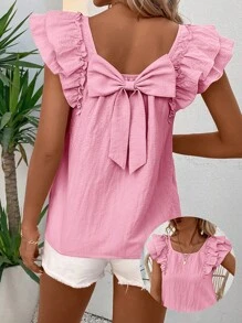 SHEIN LUNE 方领双层蝴蝶袖蝴蝶结后背休闲衬衫 - 藕粉色 - 查看 1