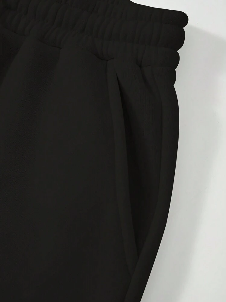 Conjunto de sudadera con capucha de dos piezas de moda y cálido, con cuello redondo y forro polar + pantalón de chándal deportivo con estampado de letra simple, adecuado para otoño e invierno, para correr, hacer ejercicio y ocio en casa - Negro - Añade 3