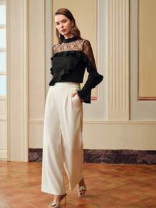 ZEYLAH FRILL MOCK NECK LACE YOKE RUFFLE TRIM BLOUSE - Black - View 8