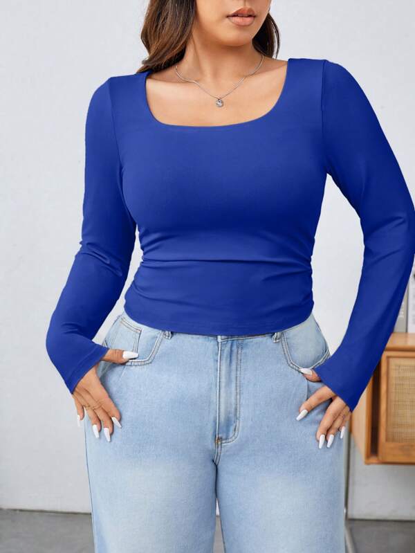 SHEIN EZwear Plus Size Navy Blue Long Sleeve Knit T-Shirt For Women