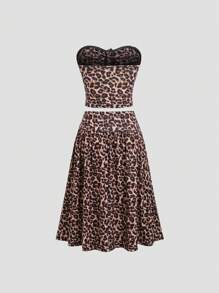 Sweetra Conjunto de 2 piezas de top bandeau y falda con estampado de leopardo de moda para el verano - Multicolor - Ver 2