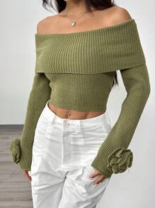 Chiquease Suéter informal y elegante para damas con manga larga descubierta del hombro y flor 3D