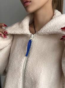 DAZY 女士秋冬宽松休闲翻领落肩长袖抓绒外套，保暖内衬女式大衣 - 米色 - 查看 7