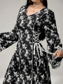 Al Najma 女式撞色边饰长袖蝴蝶印花中长款朴素连衣裙 - 黑與白 - 查看 7