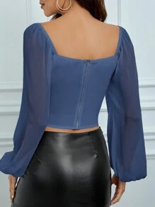 SHEIN Tall Women's Spring Summer Solid Color Square Collar Mesh Lantern Sleeve Asymmetric Hem Elegant Blouse - Dusty Blue - View 2