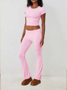 情人节休闲纯色修身短袖上衣和喇叭裤针织运动两件套