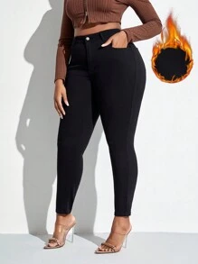 SHEIN SXY 加大码前扣口袋休闲保暖牛仔裤 保暖牛仔裤 加厚牛仔裤 适合冬季