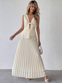 Chiquease 2-Piece Set: Elegant Women's Solid Color Tie-Front Vest And Pleated Mini Skirt, Spring & Summer - Apricot - View 3