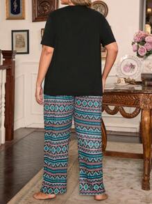 Geometric Print Shorts & Long Pants Pajama Set - Black - View 2