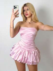 EgrlEra Women's Solid Color Ruched Bud Mini Dress Y2K Outfit - Pink - View 5