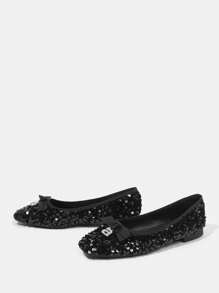 CUCCOO DOLLMOD Women's Glitter Decor Bow Knot Ballet Flats Fall - Black - View 3