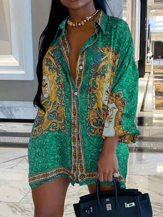 Allover Print Lapel Front Button Casual Vacation Shirt