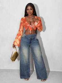 Slaydiva Women Asymmetric Waist Patch Pocket Loose Flared Leg Casual Denim Jeans - Medium Wash - View 7