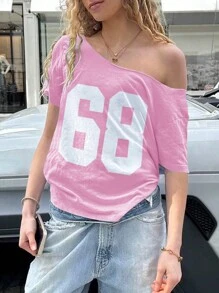 INAWLY 女士夏季数字印花短袖休闲宽松T恤 - 淺粉色 - 查看 4