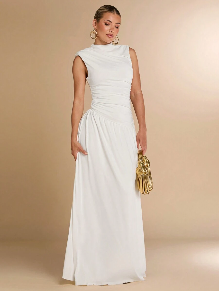 SHEIN BAE 无袖立领纯白色不规则褶皱连衣裙，适合秋冬季作为打底衫、法式连衣裙、晚礼服、生日礼服、伴娘服、简约优雅的日常连衣裙 - 白色 - 查看 1