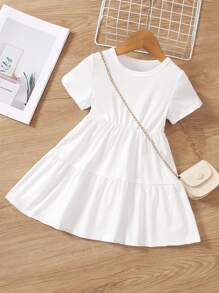 SHEIN Elladie kids Young Girl Casual Solid Color Short Sleeve Dress, Summer,Holiday,Summer,Travel - White - View 1