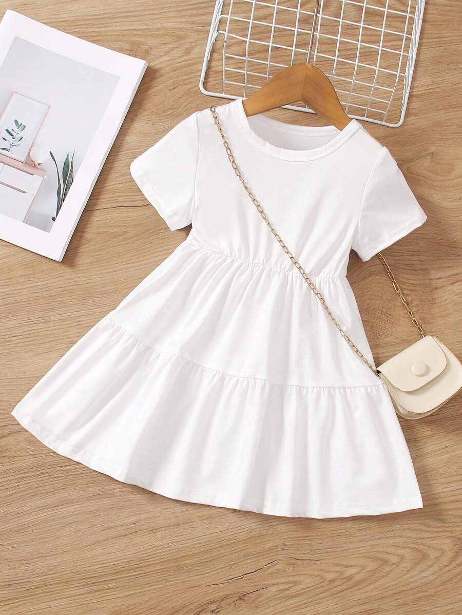 SHEIN Elladie kids Young Girl Casual Solid Color Short Sleeve Dress, Summer,Holiday,Summer,Travel - White - View 1