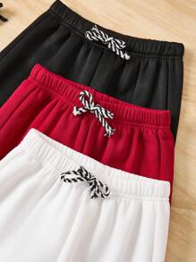 SHEIN 3 件套儿童男孩休闲松紧腰宽松针织运动裤，3 种颜色，适合春、夏、秋、冬季节上学、花园、海滩、生日穿着 - 彩色 - 查看 3