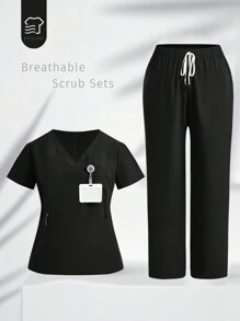 TaskEZ 大码女式纯色 V 领短袖口袋上衣和裤子，休闲护士制服套装，万圣节 - 黑色 - 查看 1