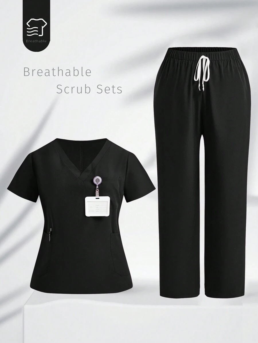 TaskEZ 大码女式纯色 V 领短袖口袋上衣和裤子，休闲护士制服套装，万圣节 - 黑色 - 查看 1