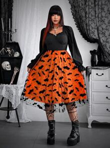 Whyspr 大码万圣节撞色蝙蝠图案网眼腰部收腰连衣裙，秋装