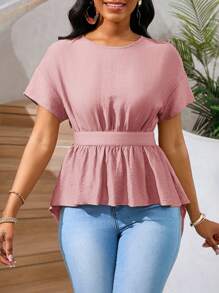 SHEIN Lady 女士露背系带高低休闲衬衫，卡其色和米色，夏季上衣 - 藕粉色 - 查看 7